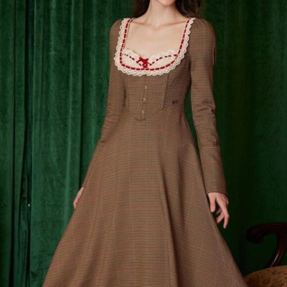 Chic Long Sleeve Brown Plaid Dress - Picture 1 of 2